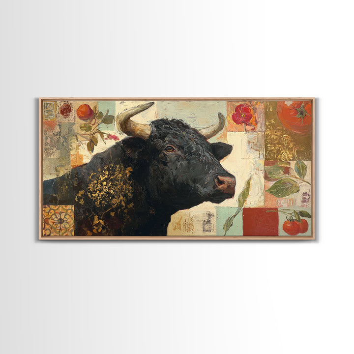 Steakhouse Black and Gold Bull Portrait Framed Canvas Print, Restaurant Art, Living Room Decor, Restaurant Decor, Bistro, RES-2x1-99