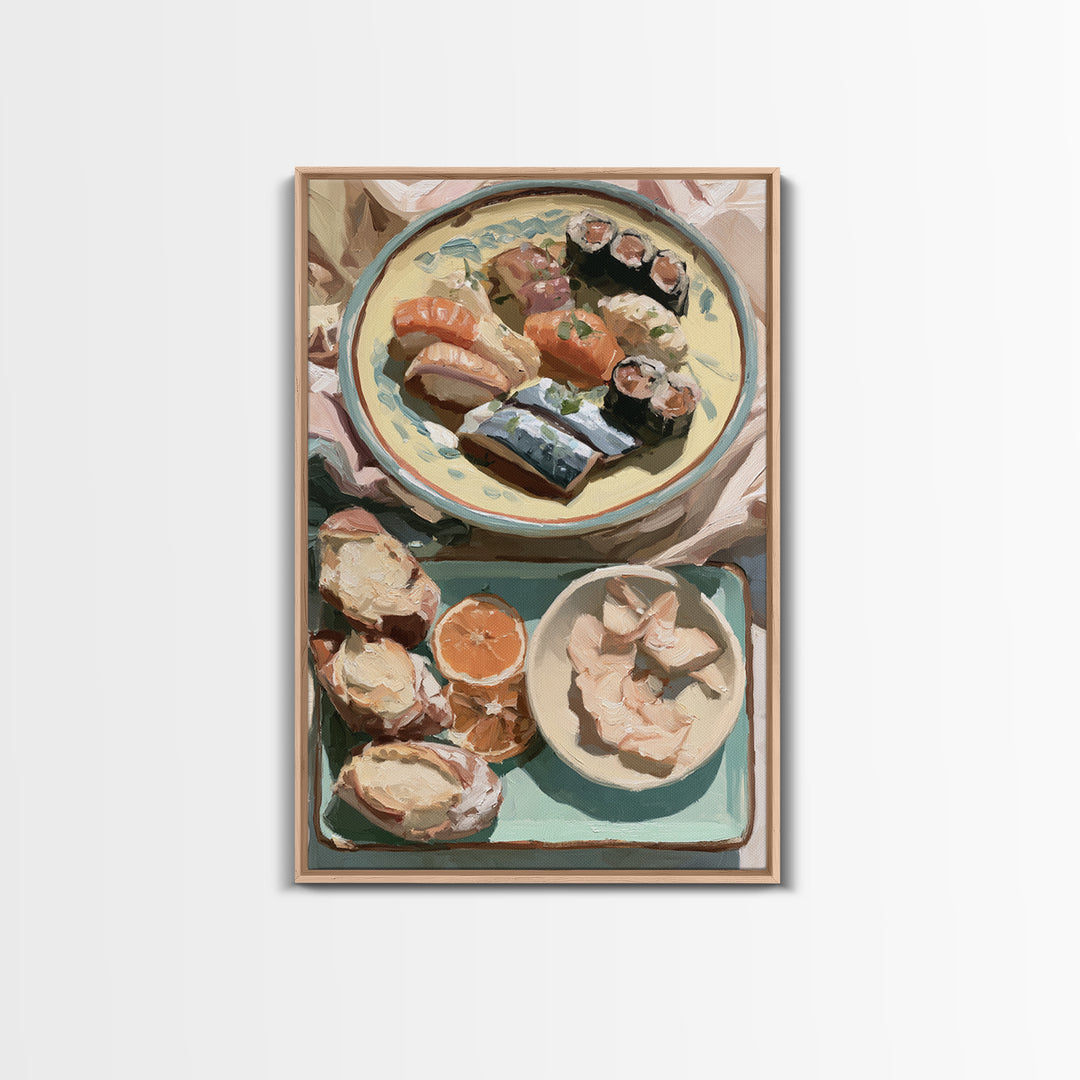 Sushi Fish and Ceramic Plate Composition Framed Canvas Print, Restaurant Art, Kitchen Decor, Restaurant Decor, Fine Art, Bistro, RES-2x3-13