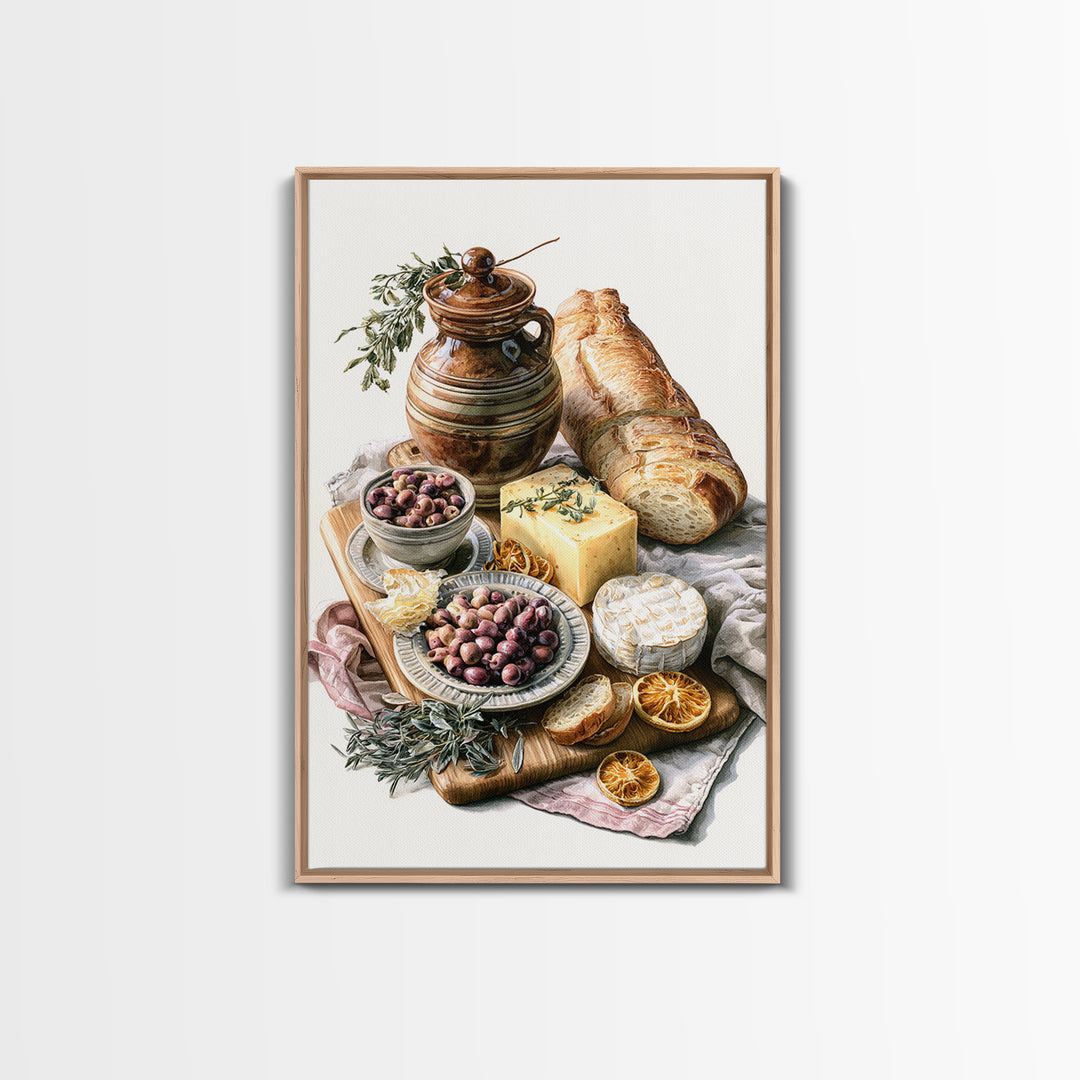 Mediterranean Olives Bread and Cheese Board Canvas Print, Restaurant Art, Kitchen Wall Art, Restaurant Decor, Bistro, RES-2x3-17