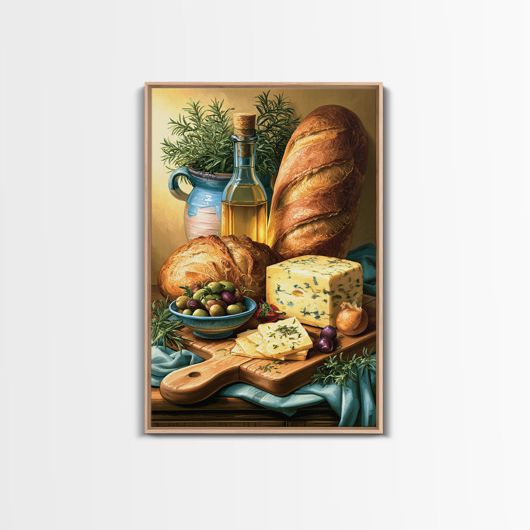 Mediterranean Olives Bread and Cheese Board Canvas Print, Restaurant Art, Kitchen Wall Art, Restaurant Decor, Bistro, RES-2x3-41