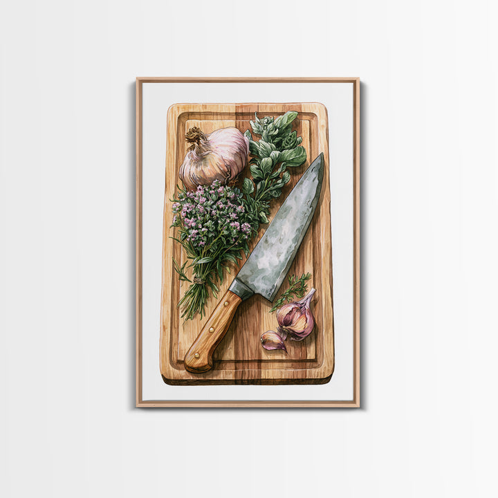 Chef Knife Herbs and Cutting Board Still Canvas Print, Restaurant Art, Digital Print, Restaurant Decor, Fine Art, Bistro, RES-2x3-45