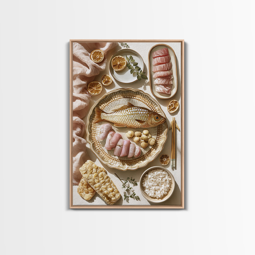 Sushi Fish and Ceramic Plate Composition Canvas Print, Restaurant Art, Kitchen Art, Restaurant Decor, Fine Art, Bistro, RES-2x3-61