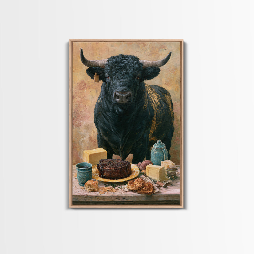 Steakhouse Black and Gold Bull Portrait Framed Canvas Print, Restaurant Art, Farmhouse Decor, Restaurant Decor, Bistro, RES-2x3-63