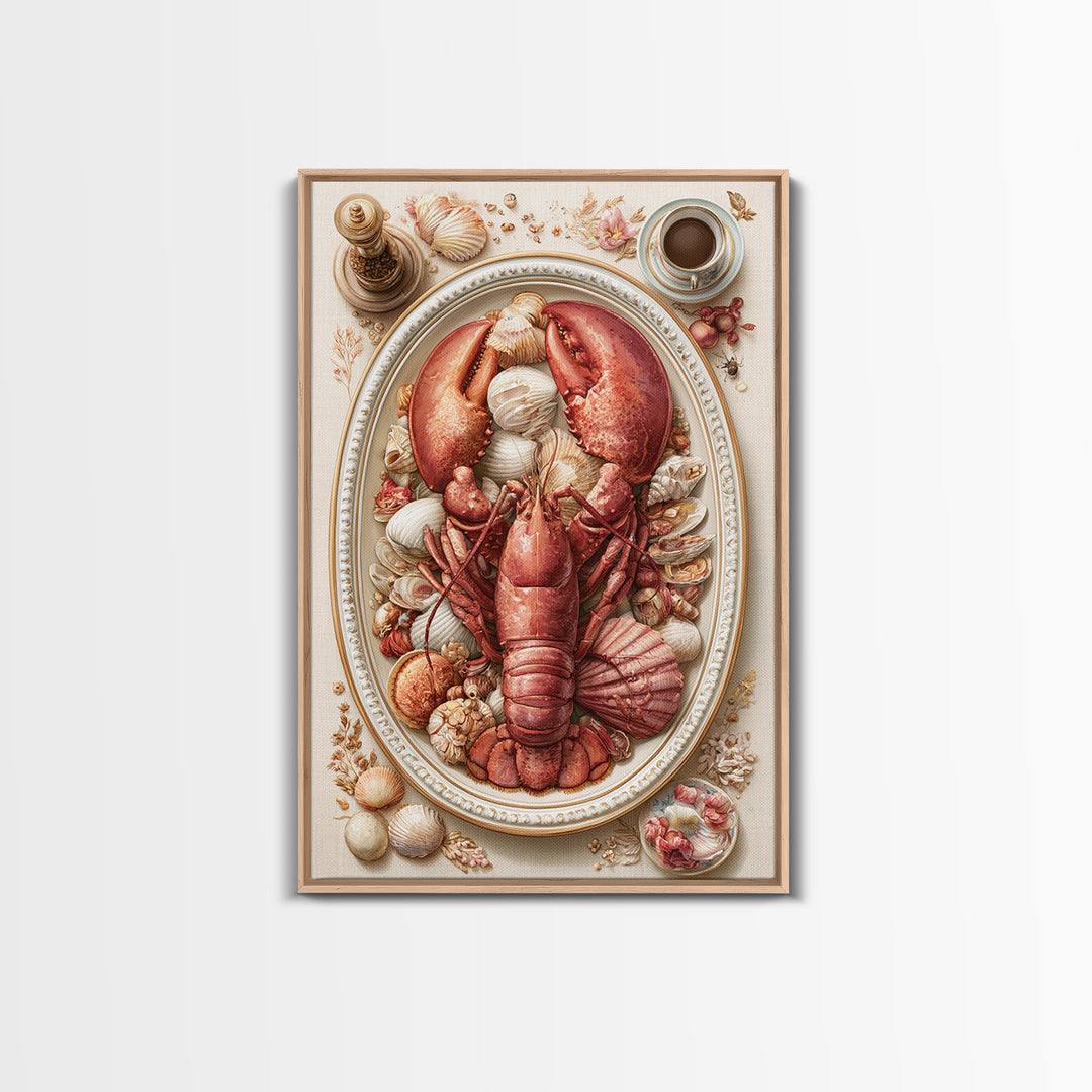 Seafood Lobster and Shell Arrangement Framed Canvas Print, Restaurant Art, Printable Wall Art, Restaurant Decor, Bistro, RES-2x3-64