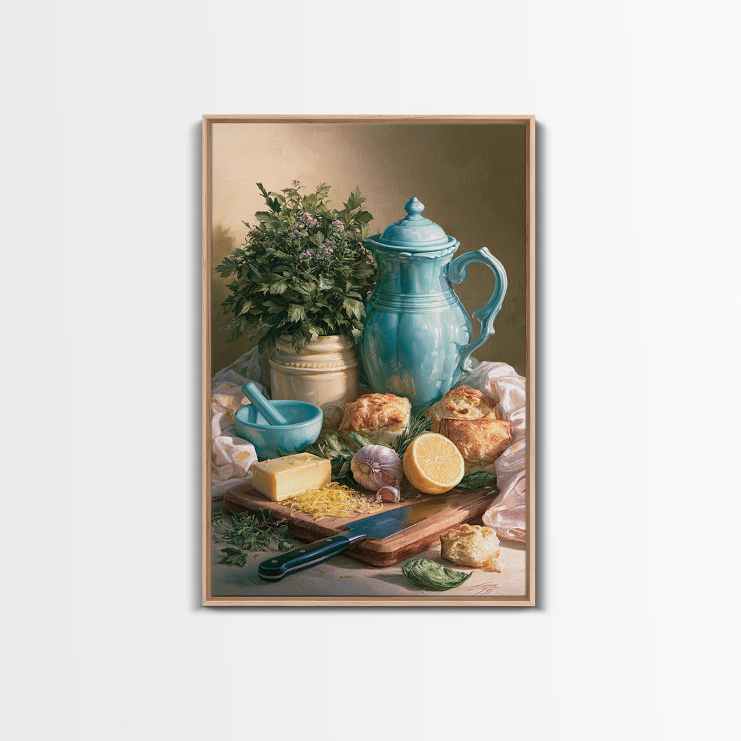 Chef Knife Herbs and Cutting Board Still Framed Canvas Print, Restaurant Art, Living Room Decor, Restaurant Decor, Bistro, RES-2x3-69