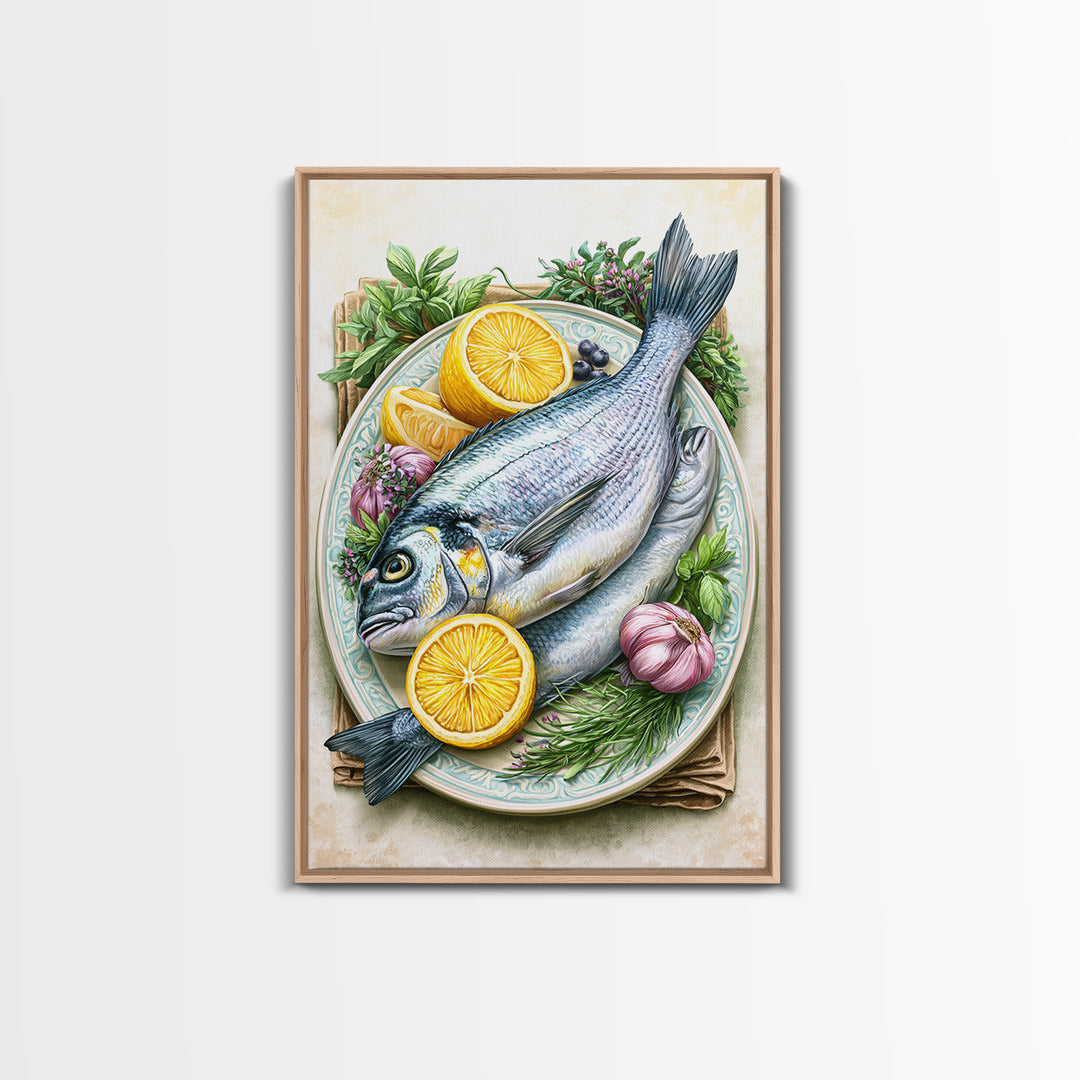 Fresh Fish with Lemon and Herbs Canvas Print, Restaurant Art, Printable Art, Restaurant Decor, Fine Art, Bistro, Watercolor Art, RES-2x3-79