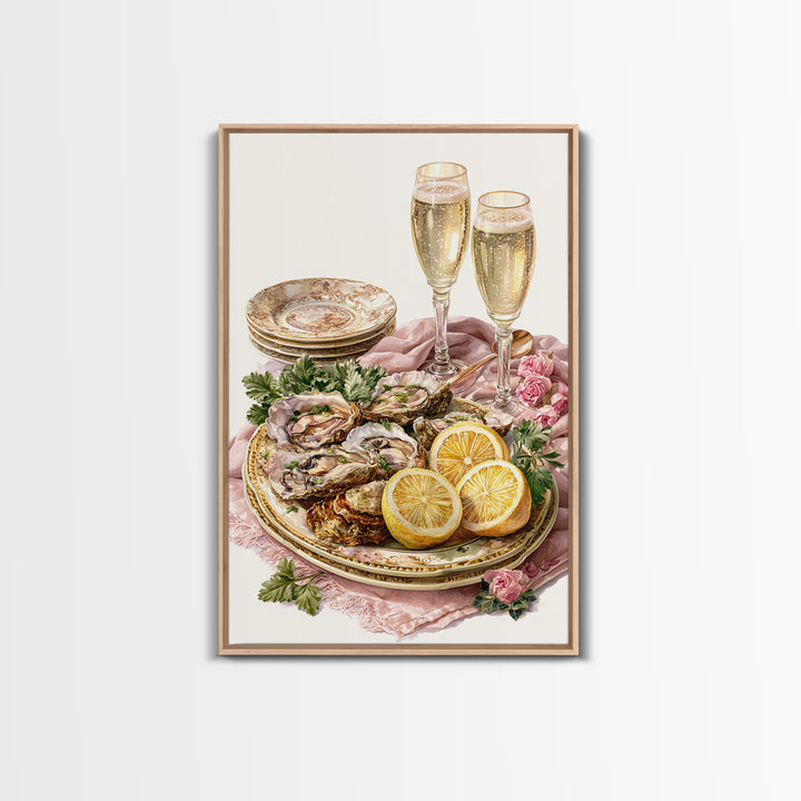 Oyster Platter with Lemons and Champagne Framed Canvas Print, Restaurant Art, Watercolor Art, Restaurant Decor, Abstract Art, RES-2x3-83