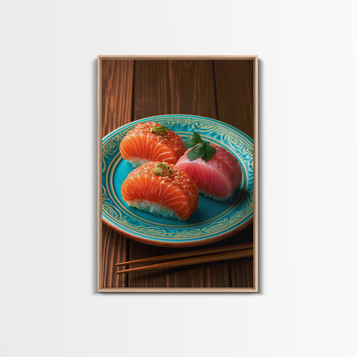 Sushi Fish and Ceramic Plate Composition Framed Canvas Print, Restaurant Art, Canvas Print, Restaurant Decor, Fine Art, Bistro, RES-2x3-85