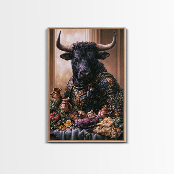 Steakhouse Black and Gold Bull Portrait Framed Canvas Print, Restaurant Art, Stained Glass Art, Restaurant Decor, Bistro, RES-2x3-87