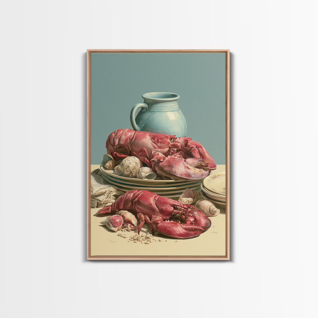 Seafood Lobster and Shell Arrangement Framed Canvas Print, Restaurant Art, Kitchen Art, Restaurant Decor, Fine Art, Bistro, RES-2x3-88