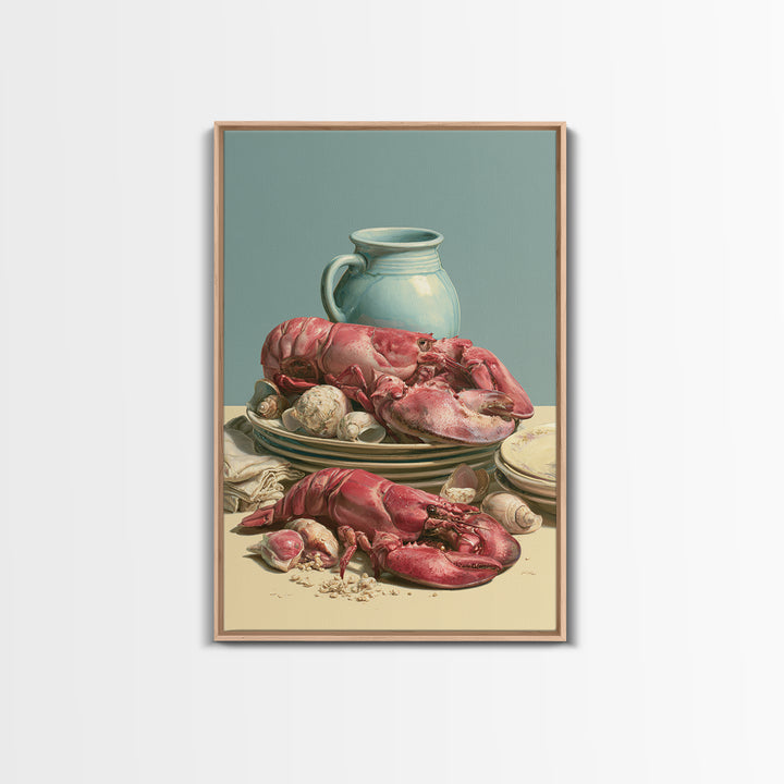 Seafood Lobster and Shell Arrangement Framed Canvas Print, Restaurant Art, Kitchen Art, Restaurant Decor, Fine Art, Bistro, RES-2x3-88