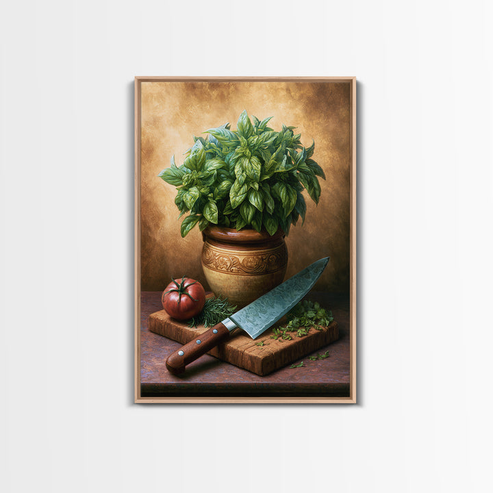 Chef Knife Herbs and Cutting Board Still Framed Canvas Print, Restaurant Art, Living Room Decor, Restaurant Decor, Bistro, RES-2x3-93