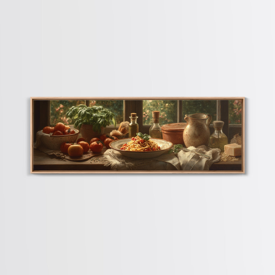 Fresh Pasta with Tomatoes and Basil Framed Canvas Print, Restaurant Art, Printable Art, Restaurant Decor, Fine Art, Bistro, RES-3x1-18
