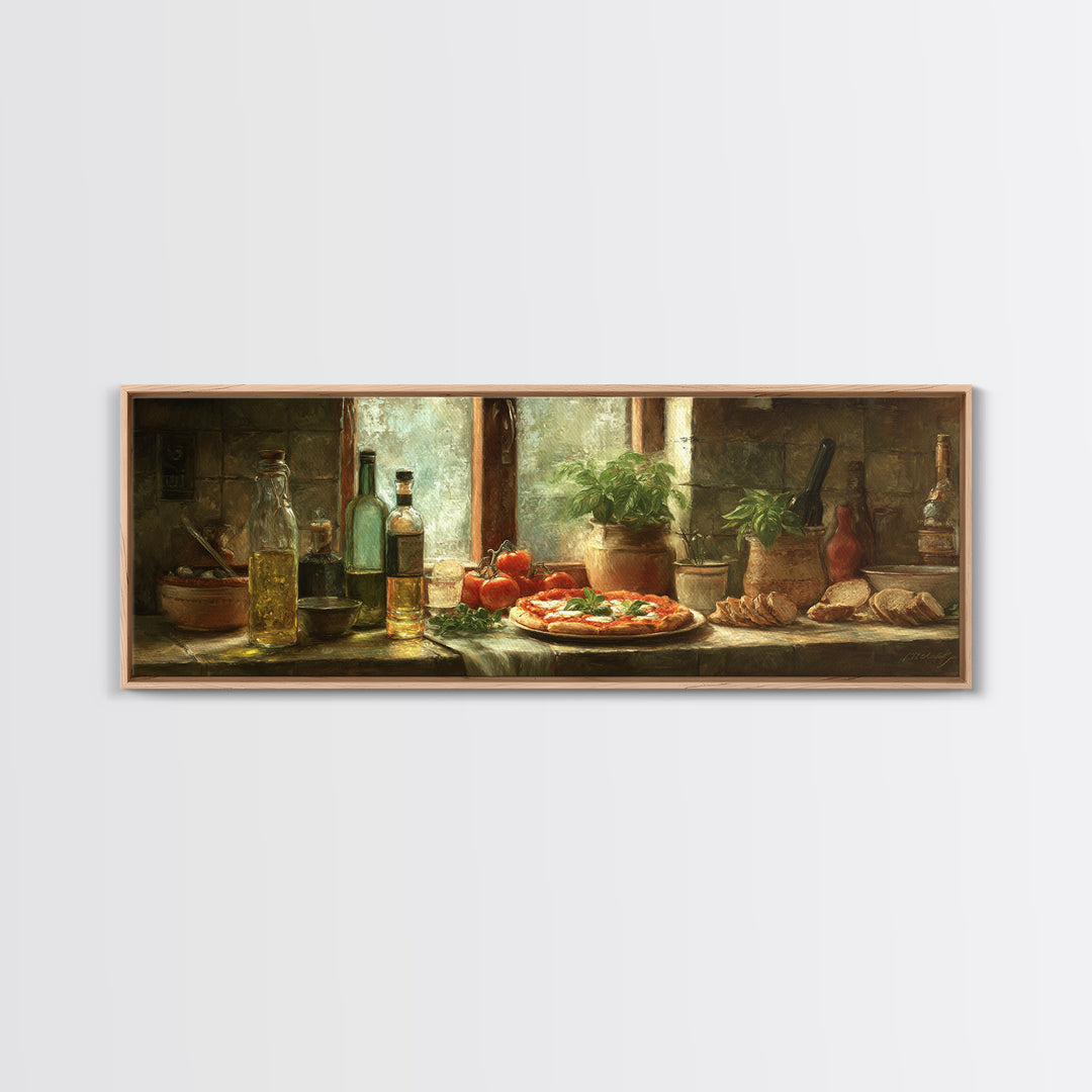 Pizzeria Tomato Basil and Mozzarella Still Life Framed Canvas Print, Restaurant Art, Canvas Wall Art, Restaurant Decor, Bistro, RES-3x1-2