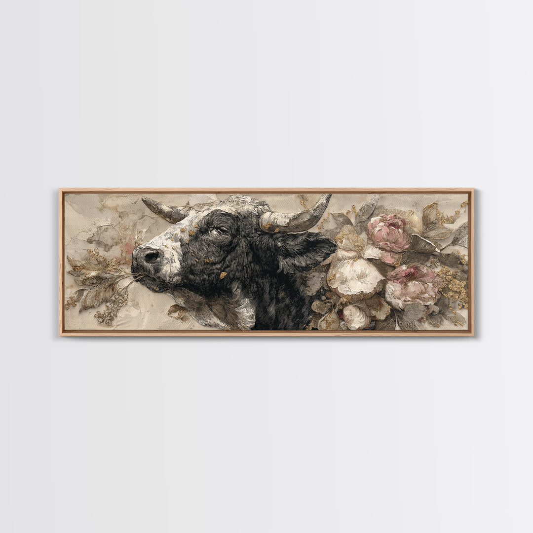 Steakhouse Black and Gold Bull Portrait Framed Canvas Print, Restaurant Art, Room Decor, Restaurant Decor, Oil Painting, Bistro, RES-3x1-23
