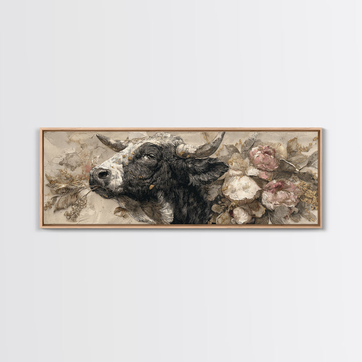 Steakhouse Black and Gold Bull Portrait Framed Canvas Print, Restaurant Art, Room Decor, Restaurant Decor, Oil Painting, Bistro, RES-3x1-23