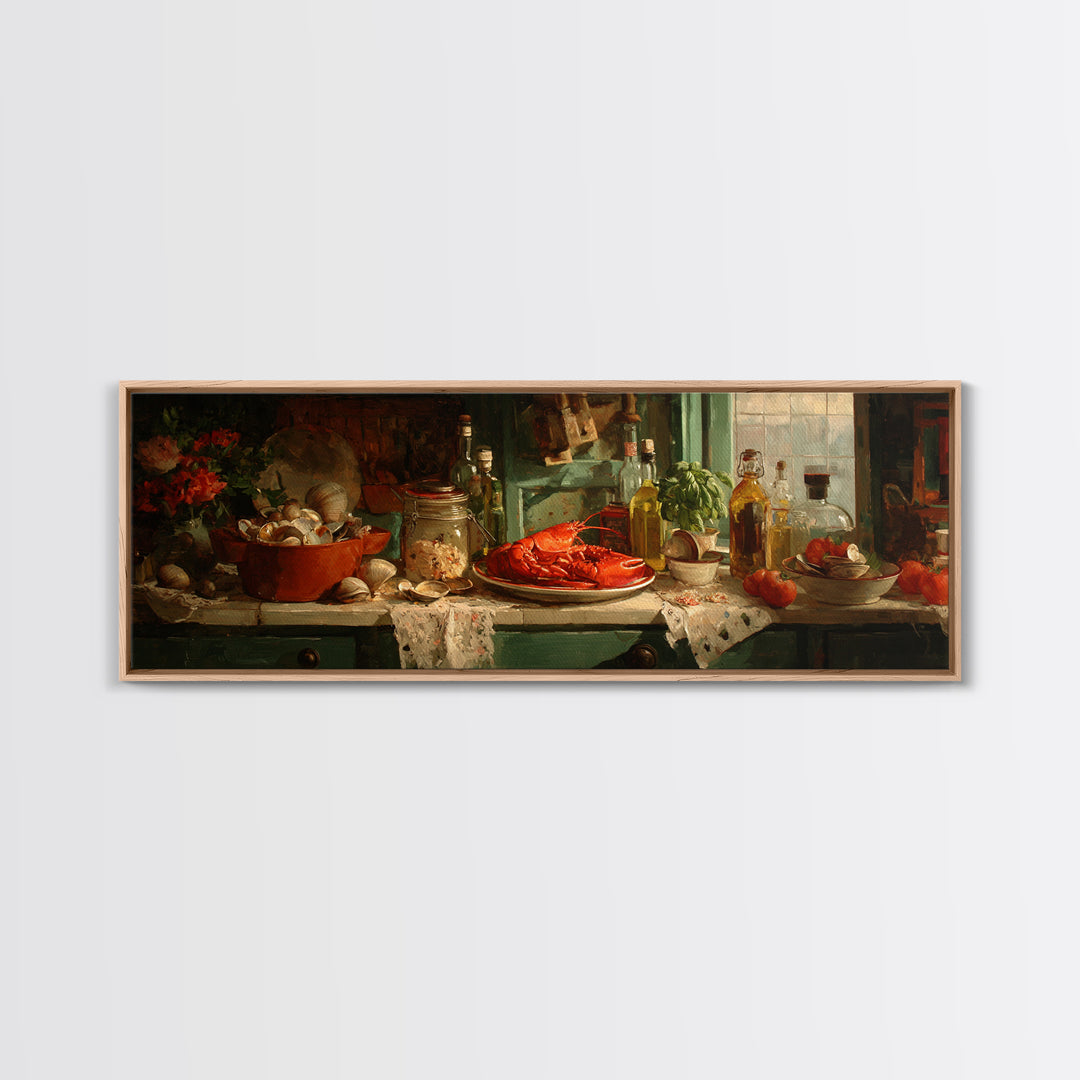 Seafood Lobster and Shell Arrangement Canvas Print, Restaurant Art, Cool Wall Art, Restaurant Decor, Fine Art, Bistro, RES-3x1-24