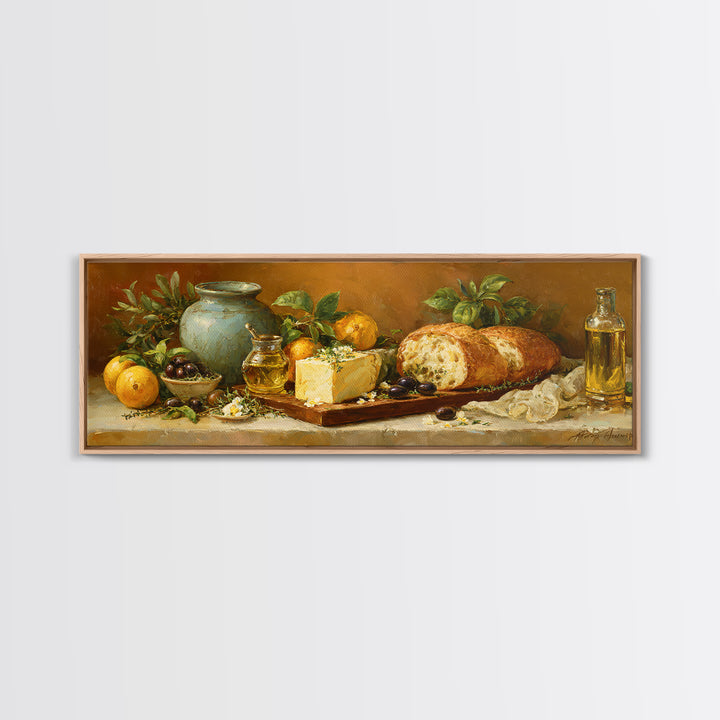 Mediterranean Olives Bread and Cheese Board Canvas Print, Restaurant Art, Watercolor Art, Restaurant Decor, Abstract Art, RES-3x1-25