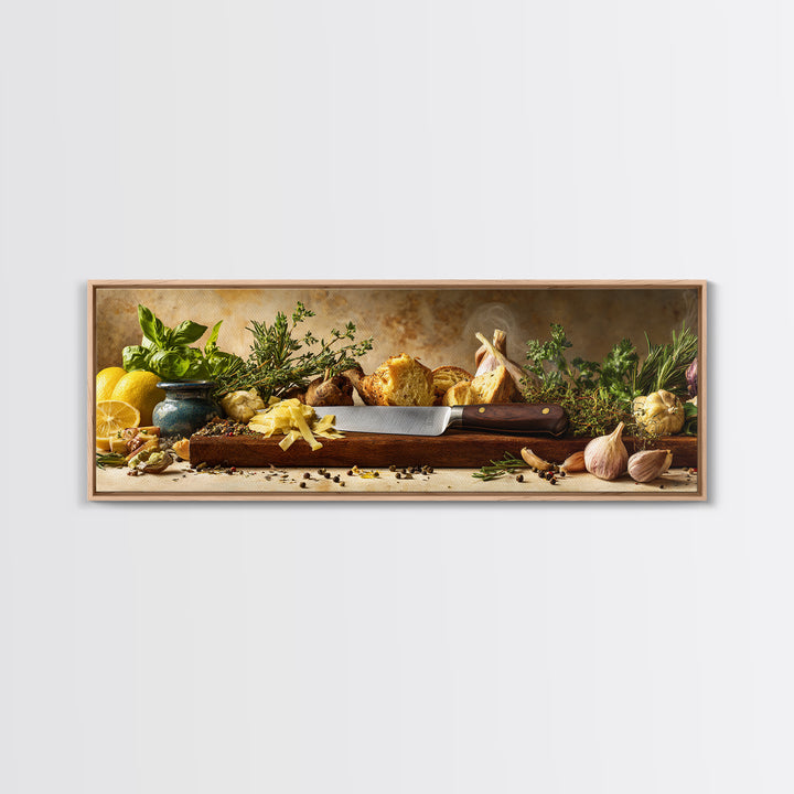 Chef Knife Herbs and Cutting Board Still Framed Canvas Print, Restaurant Art, Stained Glass Art, Restaurant Decor, Bistro, RES-3x1-53