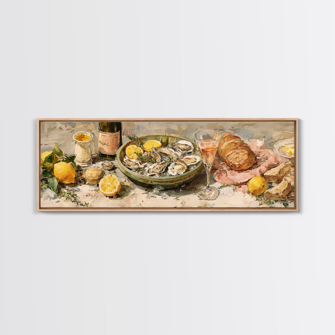 Oyster Platter with Lemons and Champagne Framed Canvas Print, Restaurant Art, Kitchen Wall Art, Restaurant Decor, Abstract Art, RES-3x1-67