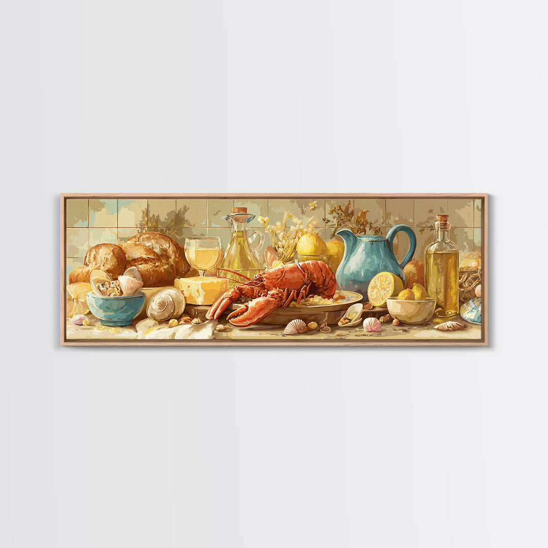 Seafood Lobster and Shell Arrangement Framed Canvas Print, Restaurant Art, Poster, Restaurant Decor, Fine Art, Bistro, RES-3x1-72
