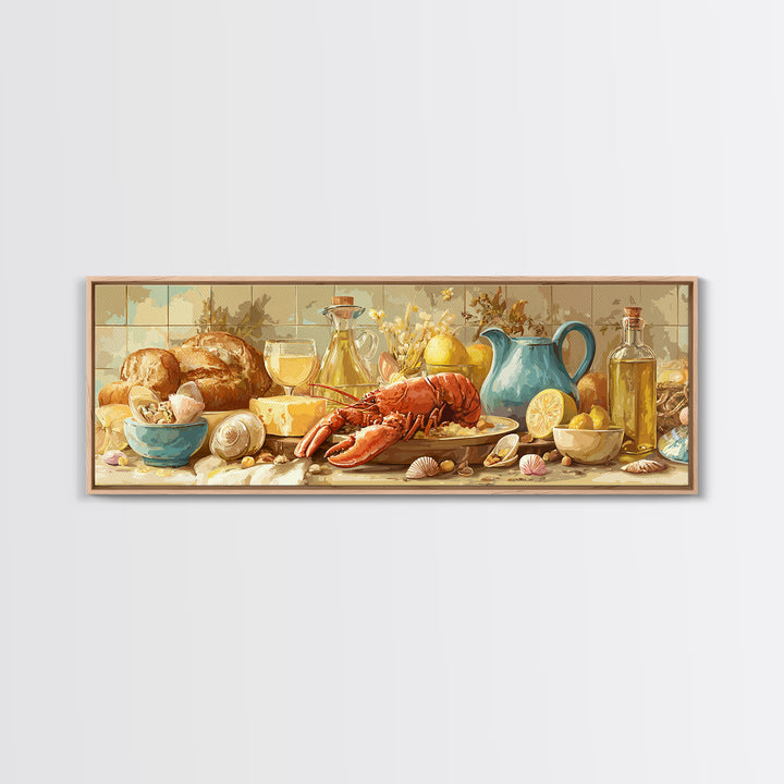 Seafood Lobster and Shell Arrangement Framed Canvas Print, Restaurant Art, Poster, Restaurant Decor, Fine Art, Bistro, RES-3x1-72