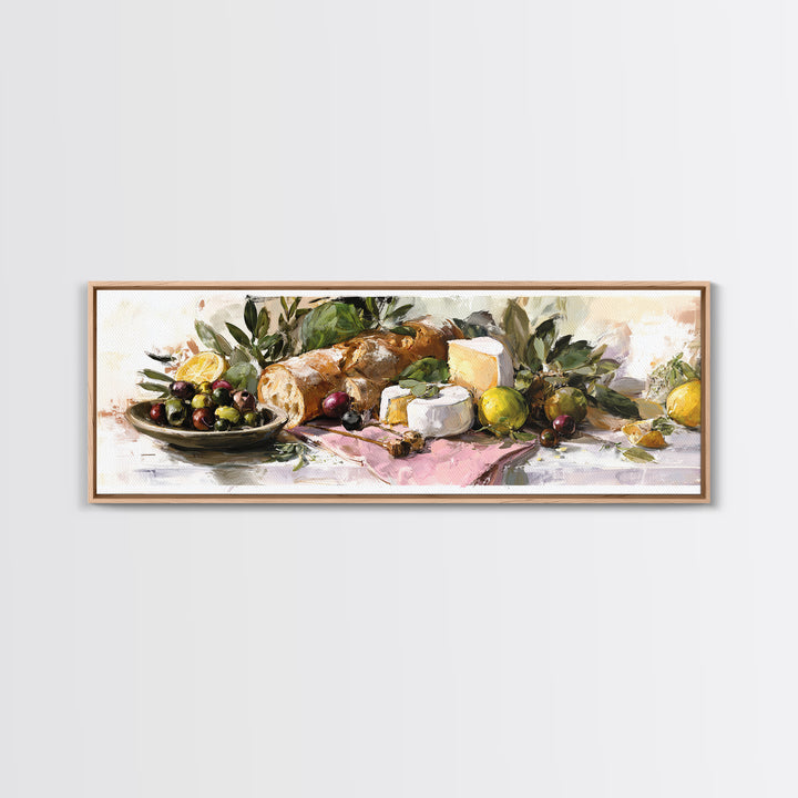 Mediterranean Olives Bread and Cheese Board Framed Canvas Print, Restaurant Art, Neutral Decor, Restaurant Decor, Bistro, RES-3x1-73