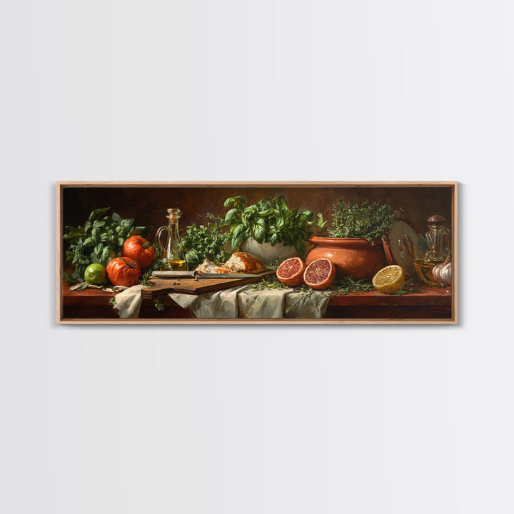 Chef Knife Herbs and Cutting Board Still Framed Canvas Print, Restaurant Art, Stained Glass Art, Restaurant Decor, Bistro, RES-3x1-77