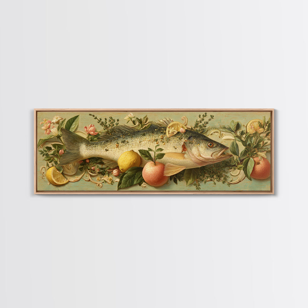 Fresh Fish with Lemon and Herbs Framed Canvas Print, Restaurant Art, Kitchen Decor, Restaurant Decor, Fine Art, Bistro, RES-3x1-87