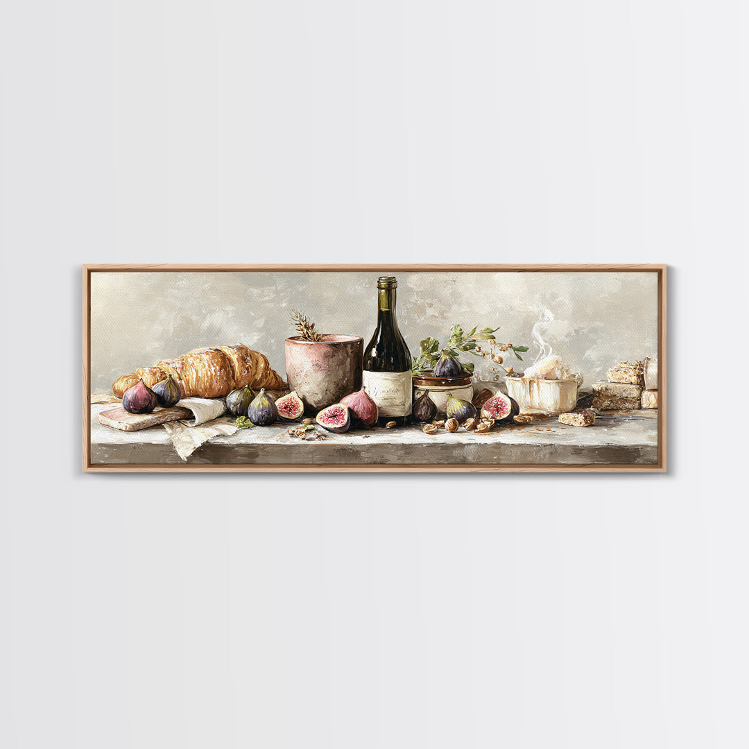 Wine Bottle and Figs Framed Canvas Print, Restaurant Art, Boho Decor, Restaurant Decor, Oil Painting, Bistro, RES-3x1-89