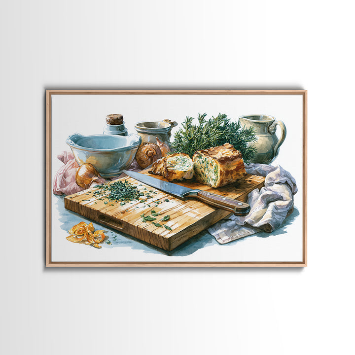 Chef Knife Herbs and Cutting Board Still Canvas Print, Restaurant Art, Kitchen Wall Decor, Restaurant Decor, Fine Art, Bistro, RES-3x2-17