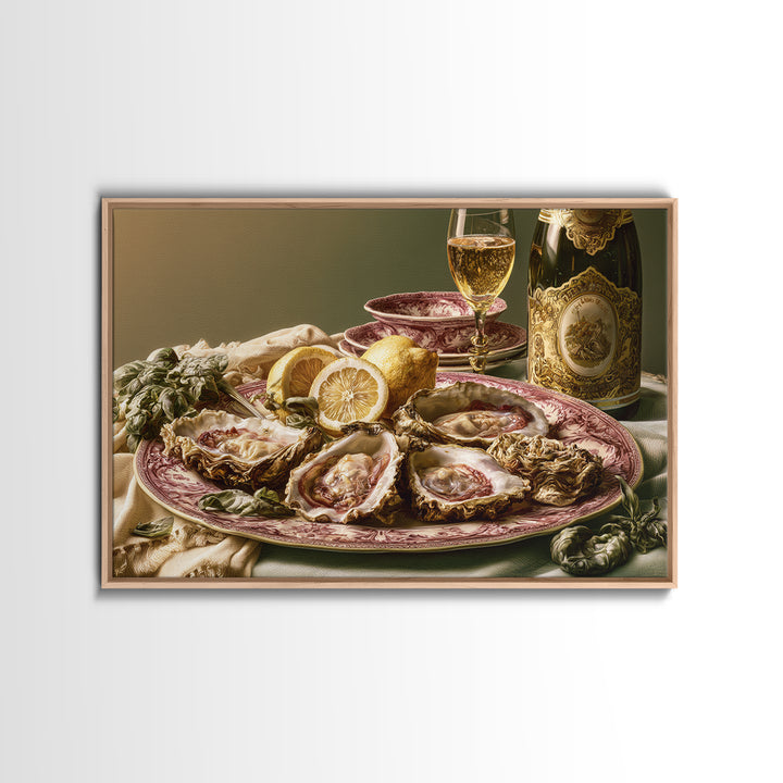 Oyster Platter with Lemons and Champagne Framed Canvas Print, Restaurant Art, Statement Artwork, Restaurant Decor, Bistro, RES-3x2-31