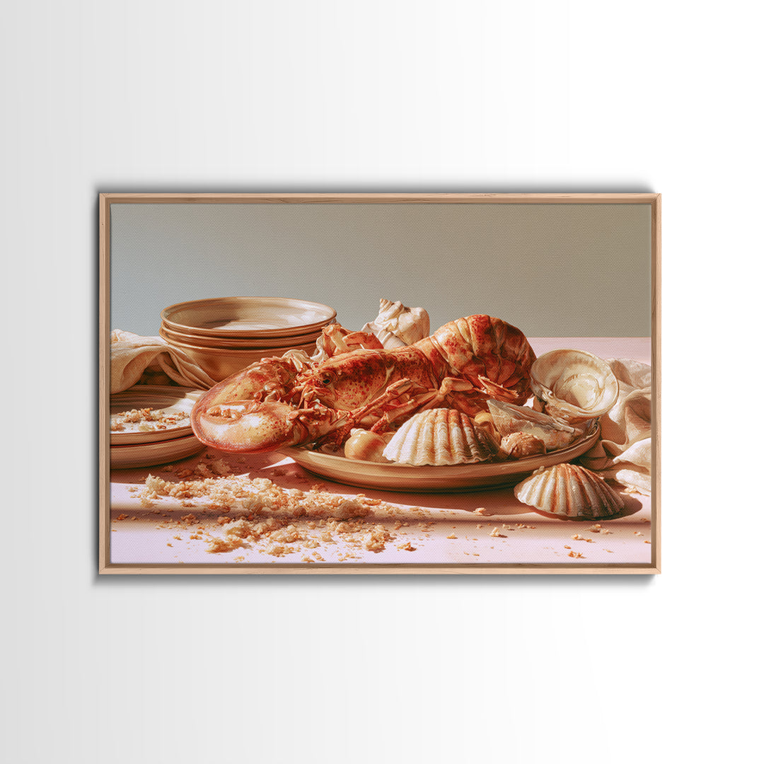 Seafood Lobster and Shell Arrangement Framed Canvas Print, Restaurant Art, Cool Wall Art, Restaurant Decor, Fine Art, Bistro, RES-3x2-36