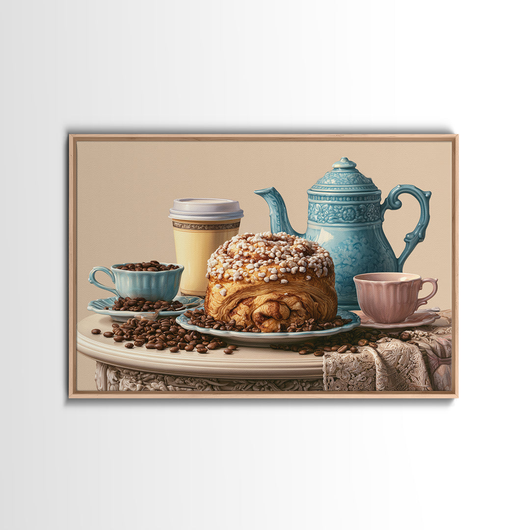 Coffee Beans and Pastry Arrangement Framed Canvas Print, Restaurant Art, Watercolor Painting, Restaurant Decor, Oil Painting, RES-3x2-50