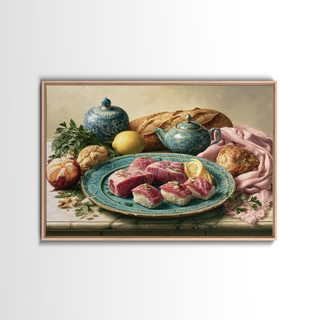 Sushi Fish and Ceramic Plate Composition Canvas Print, Restaurant Art, Cool Wall Art, Restaurant Decor, Fine Art, Bistro, RES-3x2-57