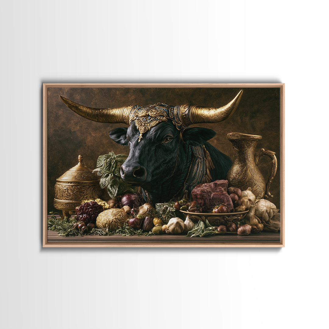 Steakhouse Black and Gold Bull Portrait Framed Canvas Print, Restaurant Art, Wall Art Prints, Restaurant Decor, Bistro, RES-3x2-59