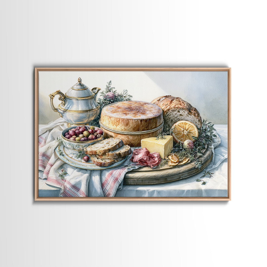 Mediterranean Olives Bread and Cheese Board Canvas Print, Restaurant Art, Food Art, Restaurant Decor, Oil Painting, Bistro, RES-3x2-61