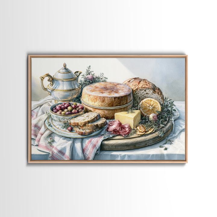Mediterranean Olives Bread and Cheese Board Canvas Print, Restaurant Art, Food Art, Restaurant Decor, Oil Painting, Bistro, RES-3x2-61