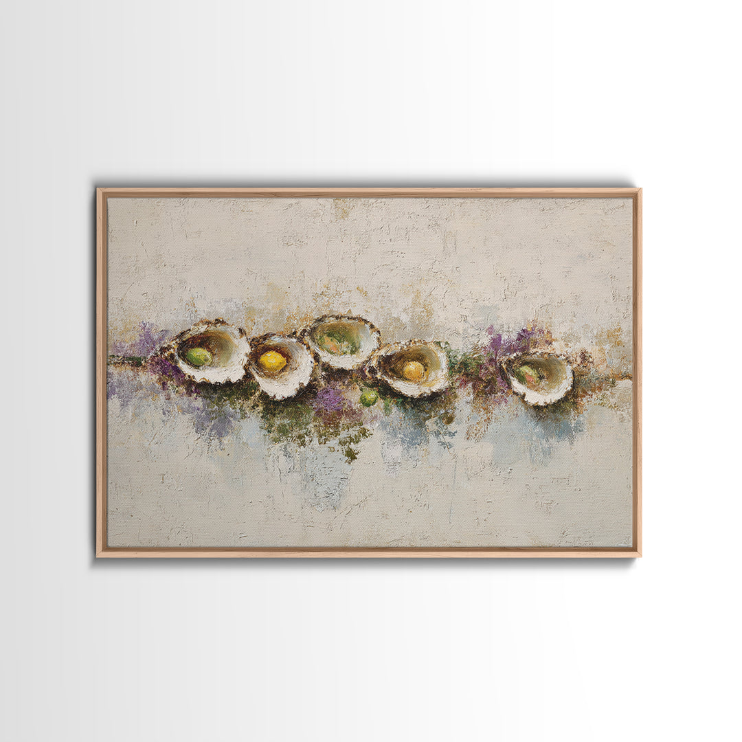 Oyster Platter with Lemons and Champagne Framed Canvas Print, Restaurant Art, Kitchen Wall Art, Restaurant Decor, Abstract Art, RES-3x2-7
