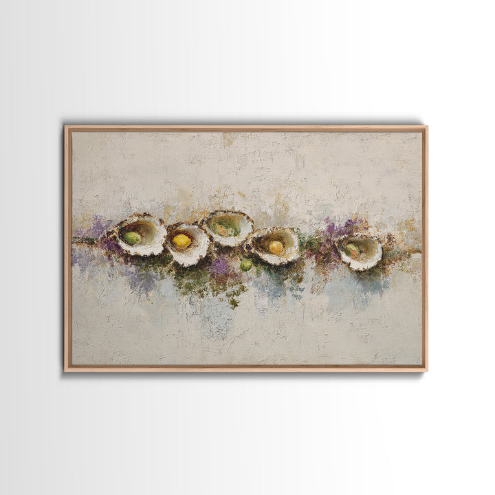 Oyster Platter with Lemons and Champagne Framed Canvas Print, Restaurant Art, Kitchen Wall Art, Restaurant Decor, Abstract Art, RES-3x2-7