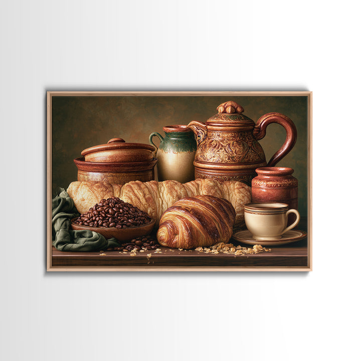 Coffee Beans and Pastry Arrangement Framed Canvas Print, Restaurant Art, Watercolor Painting, Restaurant Decor, Oil Painting, RES-3x2-74