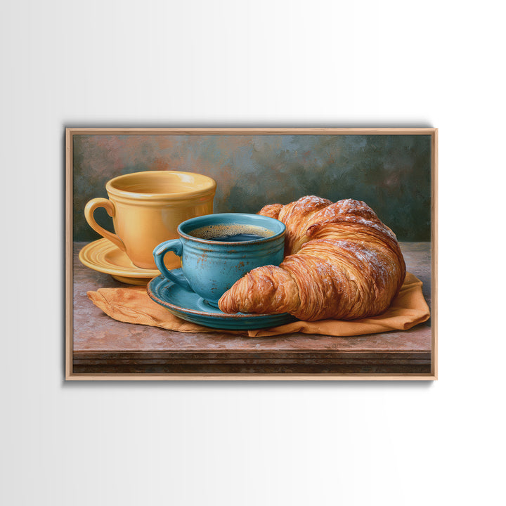 French Bistro Coffee and Croissant Still Life Framed Canvas Print, Restaurant Art, Food Art, Restaurant Decor, Oil Painting, RES-3x2-82