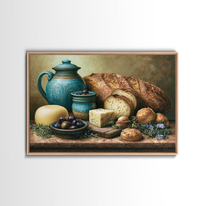 Mediterranean Olives Bread and Cheese Board Framed Canvas Print, Restaurant Art, Statement Artwork, Restaurant Decor, Bistro, RES-3x2-85