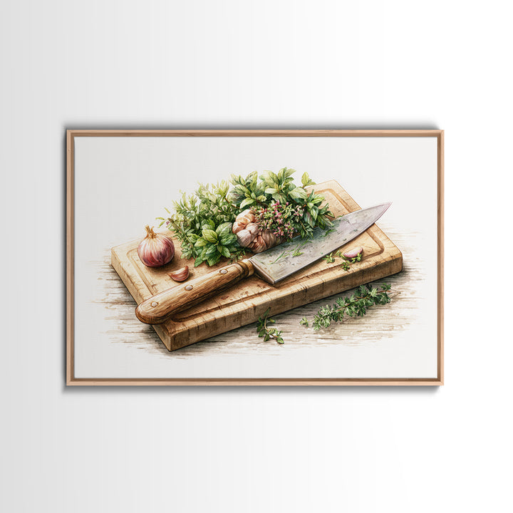 Chef Knife Herbs and Cutting Board Still Canvas Print, Restaurant Art, Boho Decor, Restaurant Decor, Oil Painting, Bistro, RES-3x2-89