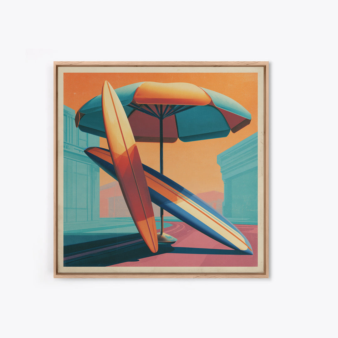 Retro Beach Umbrella and Surfboard Canvas Print, Retro Art, Printable Art, Living Room Decor, Fine Art, Retro, Funky Wall Art, RET-1x1-18