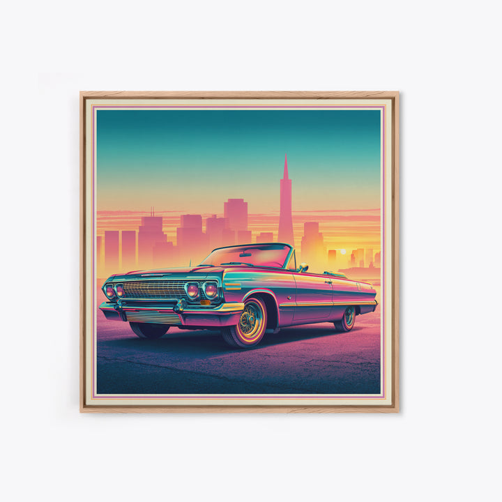 Classic Convertible at Pink Sunset Framed Canvas Print, Retro Art, Bedroom Wall Art, Living Room Decor, Watercolor Art, Retro, RET-1x1-34