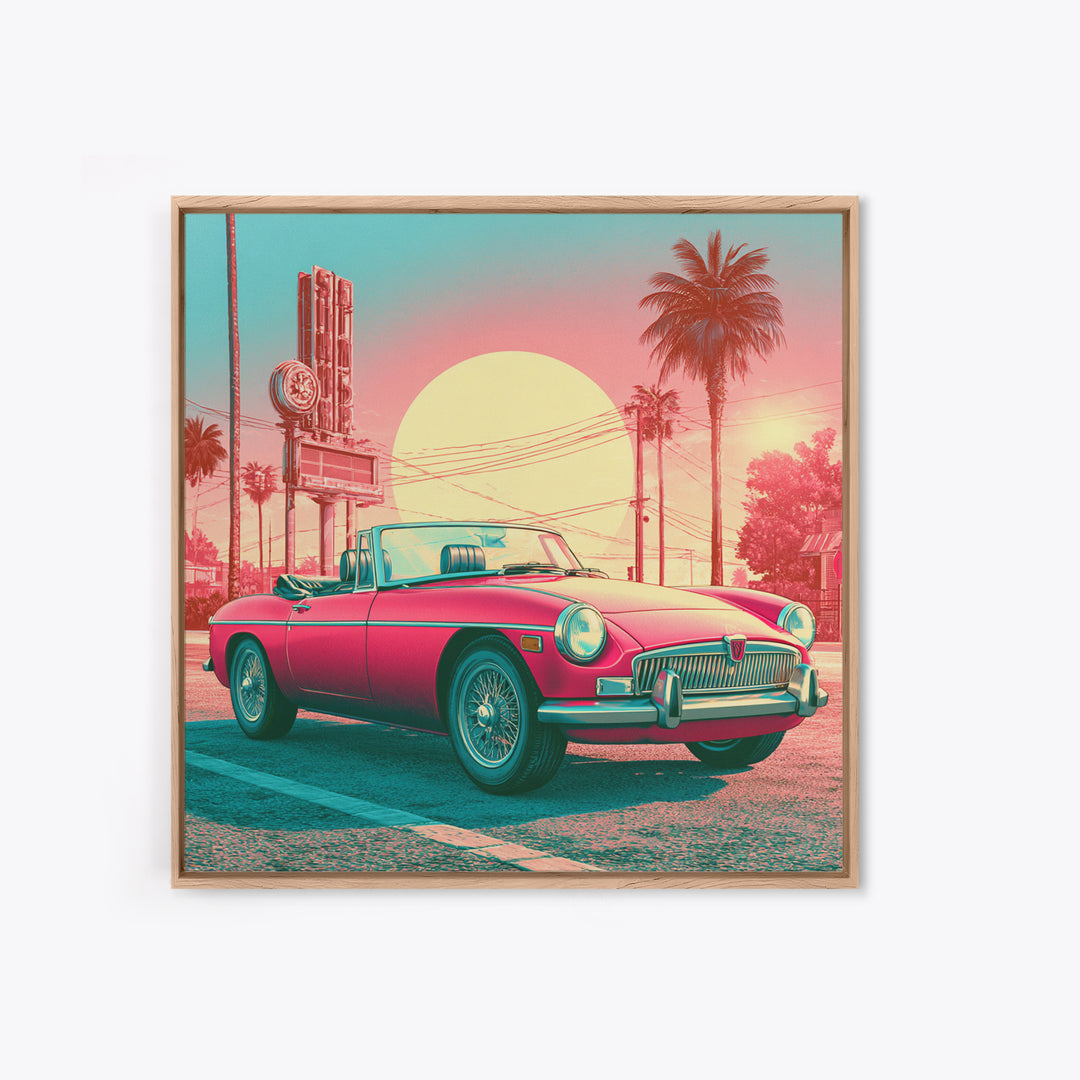 Classic Convertible at Pink Sunset Framed Canvas Print, Retro Art, Bedroom Wall Art, Living Room Decor, Watercolor Art, Retro, RET-1x1-58