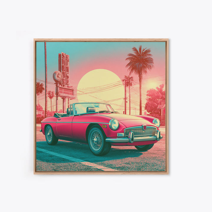 Classic Convertible at Pink Sunset Framed Canvas Print, Retro Art, Bedroom Wall Art, Living Room Decor, Watercolor Art, Retro, RET-1x1-58