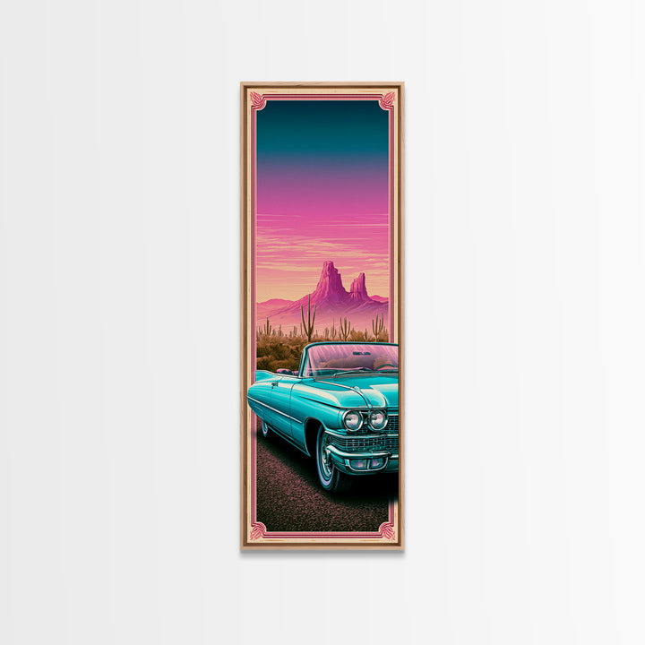 Classic Convertible at Pink Sunset Framed Canvas Print, Retro Art, Cat Art, Living Room Decor, Fine Art, Retro, RET-1x3-70