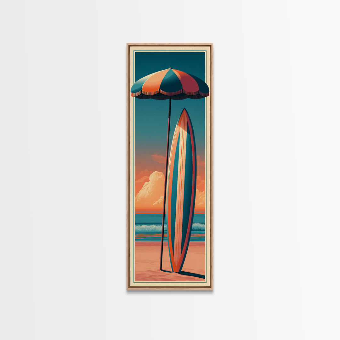 Retro Beach Umbrella and Surfboard Canvas Print, Retro Art, Floral Wall Art, Living Room Decor, Retro, Minimalist Decor, RET-1x3-78